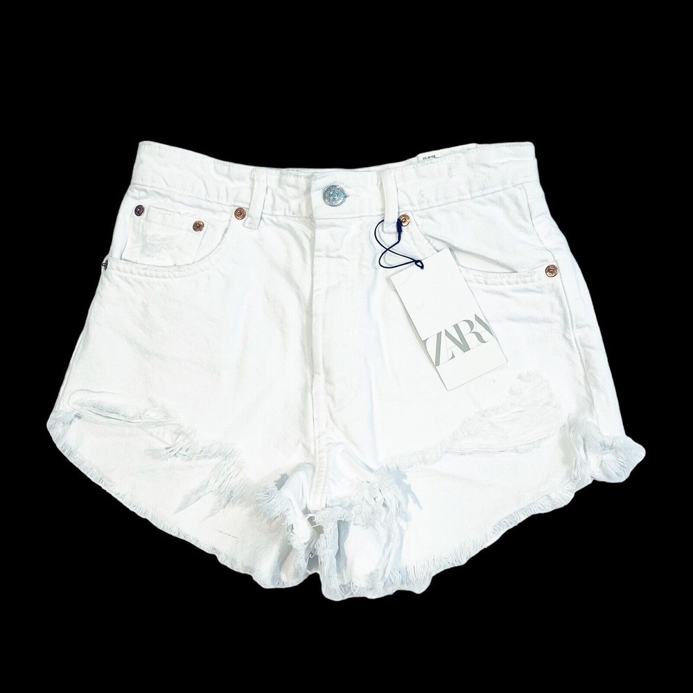 Zara White Hi Rise Jean Shorts Size 6 Raw Hem Pockets New 8197 169 250